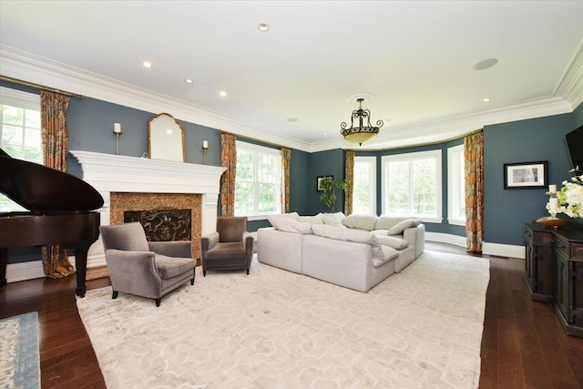 1616 Stewart Ln, Laurel Hollow, NY 11791 - living area with wood-type flooring, crown molding, a fireplace, and recessed lighting