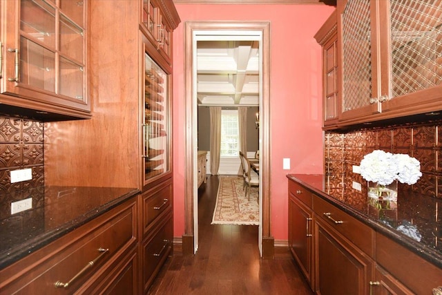 1616 Stewart Ln, Laurel Hollow, NY 11791 - bar area with dark wood-style floors, coffered ceiling, decorative backsplash, and beamed ceiling