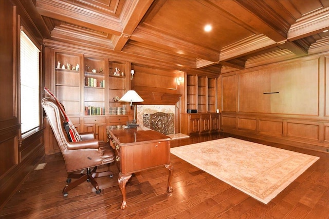 1616 Stewart Ln, Laurel Hollow, NY 11791 - home office featuring crown molding, a wooden ceiling with exposed beams, coffered ceiling, wood walls, and built in features