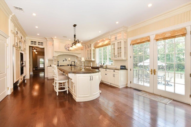 1616 Stewart Ln, Laurel Hollow, NY 11791 - kitchen featuring french doors, an island with sink, a kitchen bar, glass insert cabinets, and dark wood-style flooring