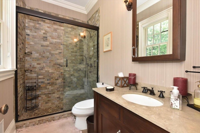 1616 Stewart Ln, Laurel Hollow, NY 11791 - full bathroom with vanity, crown molding, and a stall shower