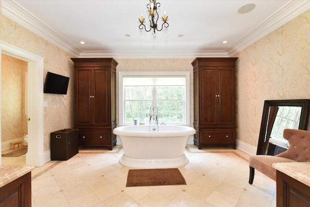 1616 Stewart Ln, Laurel Hollow, NY 11791 - full bath featuring a freestanding bath, wallpapered walls, vanity, a chandelier, and ornamental molding