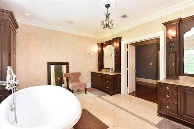 1616 Stewart Ln, Laurel Hollow, NY 11791 - full bath with vanity, a freestanding tub, inlaid floor details, and ornamental molding