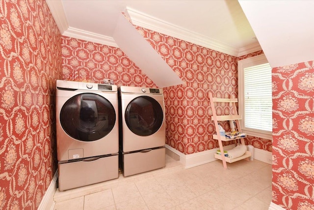 1616 Stewart Ln, Laurel Hollow, NY 11791 - laundry room featuring washing machine and dryer, wallpapered walls, and ornamental molding