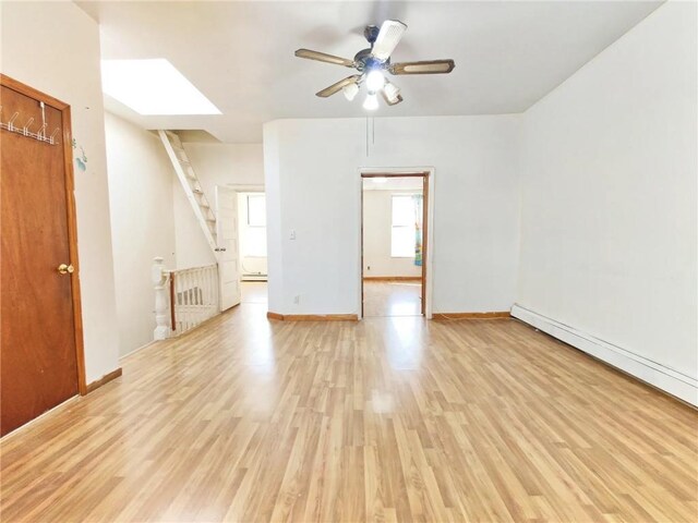 1363 64th St, Brooklyn, NY 11219 - unfurnished room featuring light wood finished floors, ceiling fan, stairs, and a baseboard radiator