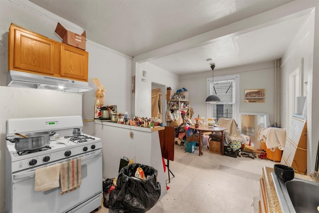 156 Beech St, Yonkers, NY 10701 - kitchen with white gas range oven, under cabinet range hood, and light floors