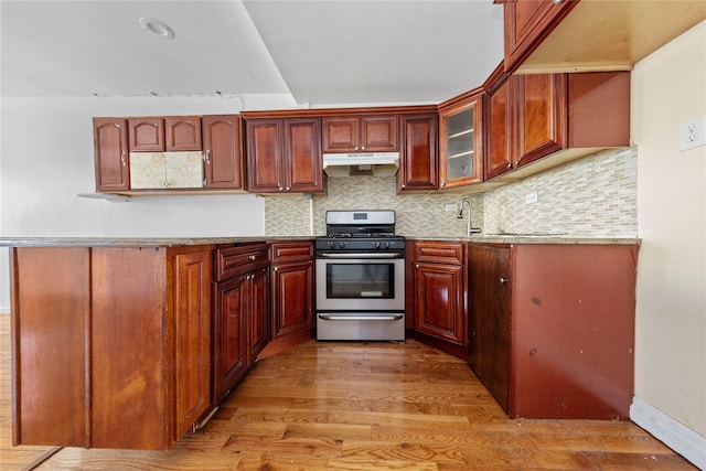 117-66 127th St, South Ozone Park, NY 11420 - kitchen with stainless steel range with gas stovetop, light wood-type flooring, under cabinet range hood, decorative backsplash, and glass insert cabinets