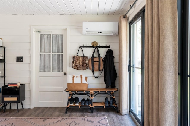 8 Maclean Dr, Pound Ridge, NY 10576 - mudroom with a wall unit AC, wood finished floors, and wooden ceiling