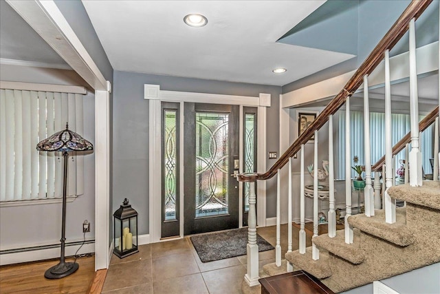7 Woodstock Pl, Lake Grove, NY 11755 - tiled foyer with a baseboard radiator, stairs, and recessed lighting