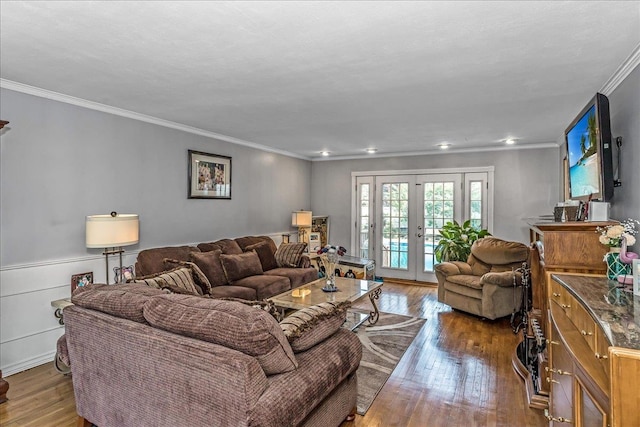 7 Woodstock Pl, Lake Grove, NY 11755 - living room with crown molding, hardwood / wood-style flooring, french doors, and recessed lighting