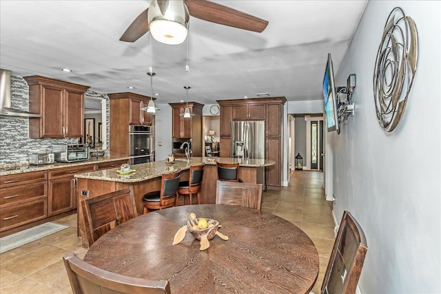 7 Woodstock Pl, Lake Grove, NY 11755 - dining space with light tile patterned flooring, ceiling fan, and recessed lighting
