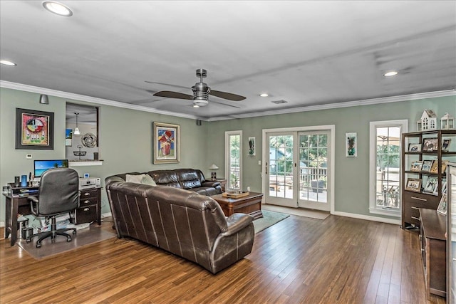 7 Woodstock Pl, Lake Grove, NY 11755 - living area with an office area, a ceiling fan, hardwood / wood-style flooring, crown molding, and recessed lighting