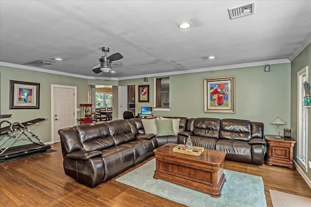 7 Woodstock Pl, Lake Grove, NY 11755 - living area featuring a ceiling fan, wood finished floors, recessed lighting, and crown molding