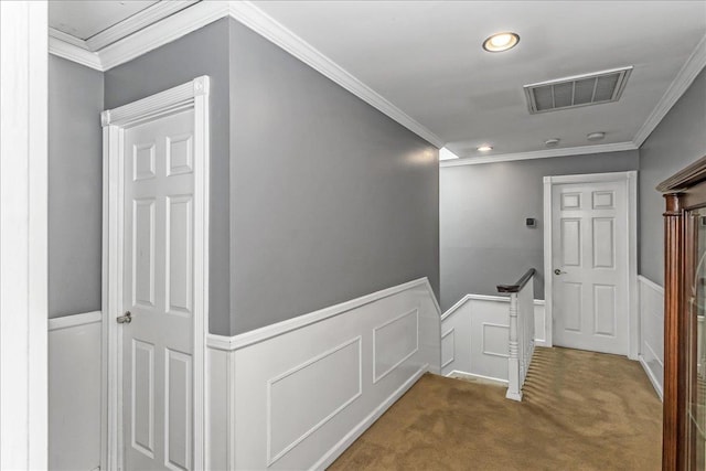 7 Woodstock Pl, Lake Grove, NY 11755 - corridor featuring an upstairs landing, a wainscoted wall, carpet floors, recessed lighting, and ornamental molding