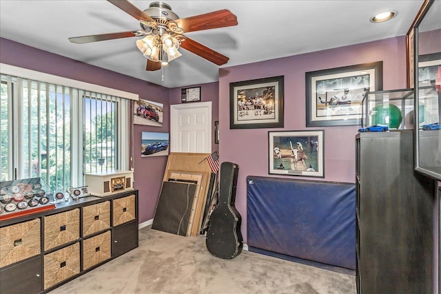 7 Woodstock Pl, Lake Grove, NY 11755 - bedroom with light carpet, refrigerator, and a ceiling fan