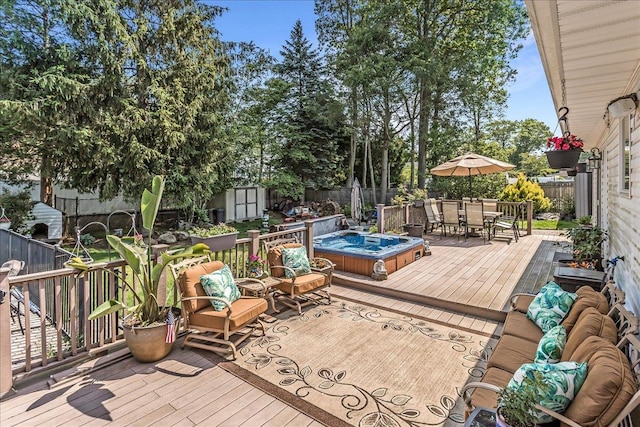 7 Woodstock Pl, Lake Grove, NY 11755 - deck featuring a shed, outdoor dining area, a fenced backyard, and outdoor lounge area