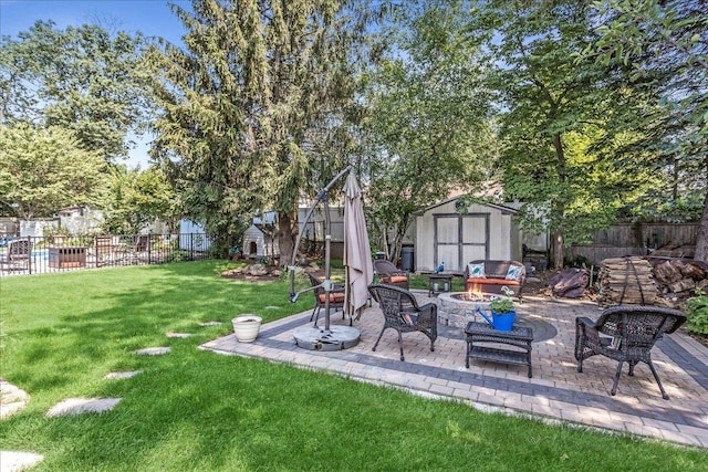 7 Woodstock Pl, Lake Grove, NY 11755 - fenced backyard featuring an outdoor fire pit, a storage unit, and a patio