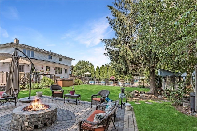 7 Woodstock Pl, Lake Grove, NY 11755 - view of patio with a fire pit, a hot tub, and a swimming pool