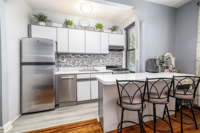 12 Hempstead Ave Unit 1G, Rockville Centre, NY 11570 - kitchen featuring stainless steel appliances, under cabinet range hood, white cabinets, light countertops, and tasteful backsplash