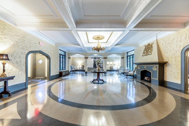 12 Hempstead Ave Unit 1G, Rockville Centre, NY 11570 - community lobby featuring coffered ceiling, beam ceiling, and ornamental molding