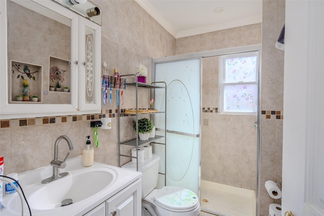 556 Long Beach Rd, Island Park, NY 11558 - full bath with vanity, tile walls, a stall shower, and ornamental molding