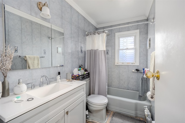 556 Long Beach Rd, Island Park, NY 11558 - full bath featuring ornamental molding, vanity, shower / bathtub combination with curtain, and backsplash