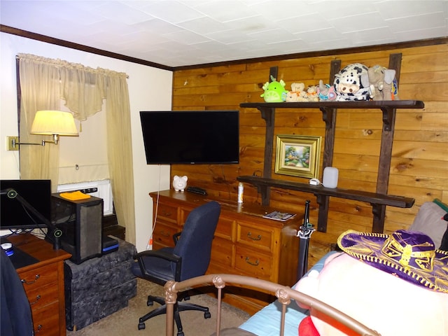 524 Polaris St, North Babylon, NY 11703 - carpeted bedroom with wooden walls and crown molding
