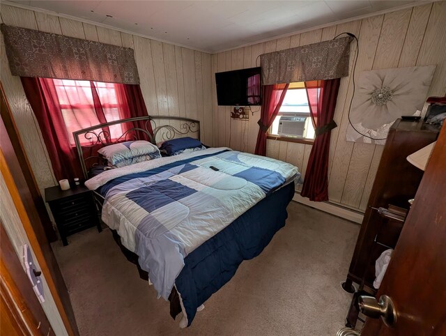 524 Polaris St, North Babylon, NY 11703 - bedroom with carpet floors, wooden walls, cooling unit, crown molding, and a baseboard heating unit