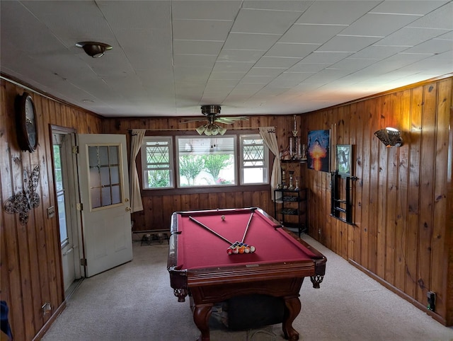 524 Polaris St, North Babylon, NY 11703 - recreation room featuring carpet floors, wooden walls, billiards table, and ceiling fan