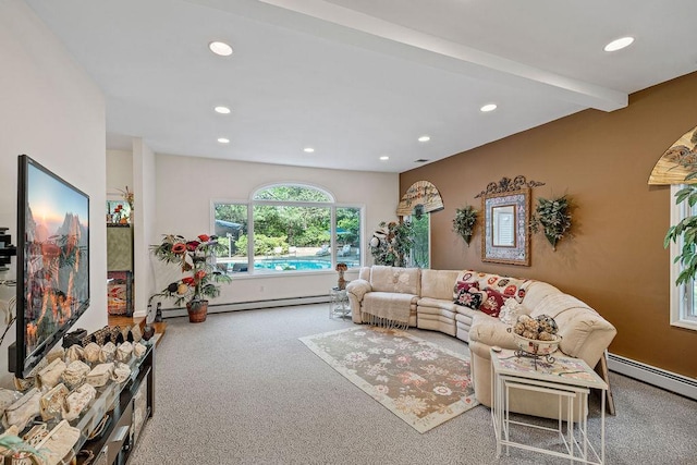 17 Dunmore Rd, New City, NY 10956 - living area with carpet flooring, a baseboard heating unit, and recessed lighting