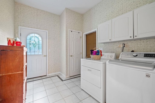 17 Dunmore Rd, New City, NY 10956 - washroom with independent washer and dryer, wallpapered walls, cabinet space, and light tile patterned flooring