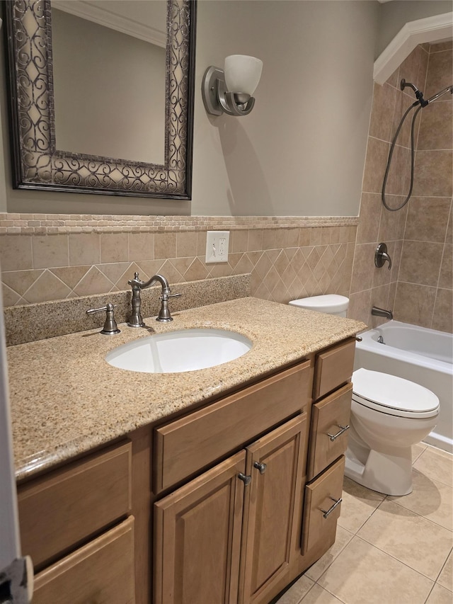 36 Hampton Ct, Middletown, NY 10941 - full bathroom with vanity,  shower combination, tile patterned floors, ornamental molding, and tile walls