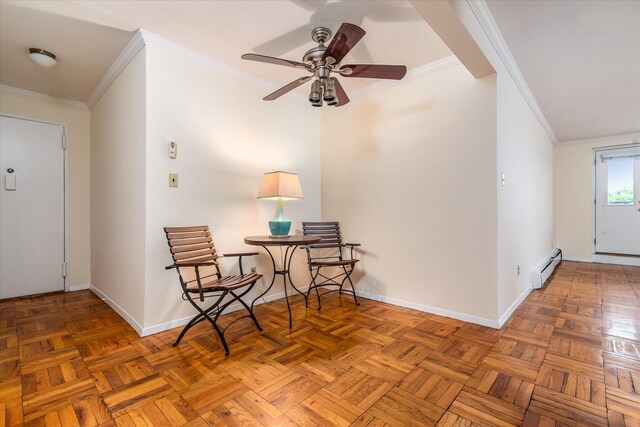 151-05 Cross Island Pkwy Unit 1D, Whitestone, NY 11357 - entrance foyer with a baseboard heating unit, crown molding, and ceiling fan