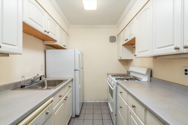 151-05 Cross Island Pkwy Unit 1D, Whitestone, NY 11357 - kitchen with white appliances, crown molding, light tile patterned floors, white cabinetry, and light countertops