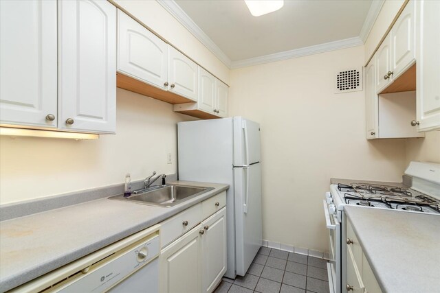 151-05 Cross Island Pkwy Unit 1D, Whitestone, NY 11357 - kitchen featuring white appliances, light tile patterned floors, white cabinetry, ornamental molding, and light countertops