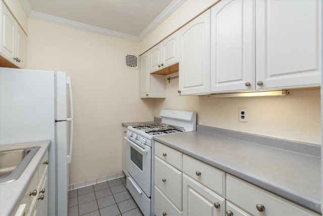 151-05 Cross Island Pkwy Unit 1D, Whitestone, NY 11357 - kitchen featuring white appliances, ornamental molding, light tile patterned floors, white cabinets, and light countertops