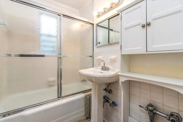 151-05 Cross Island Pkwy Unit 1D, Whitestone, NY 11357 - bathroom featuring tile walls, enclosed tub / shower combo, ornamental molding, and tasteful backsplash