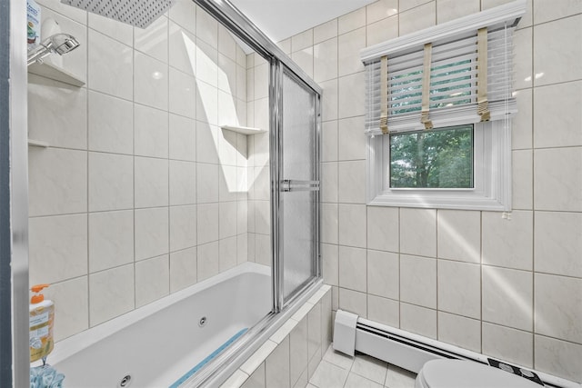 25 Bellwood Dr, New City, NY 10956 - bathroom with tile walls, a combined bath / shower with jetted tub, and baseboard heating