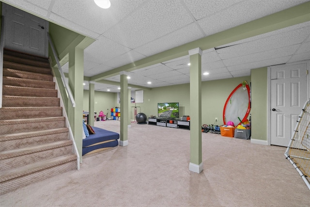 25 Bellwood Dr, New City, NY 10956 - finished basement with carpet floors, a paneled ceiling, stairway, and recessed lighting