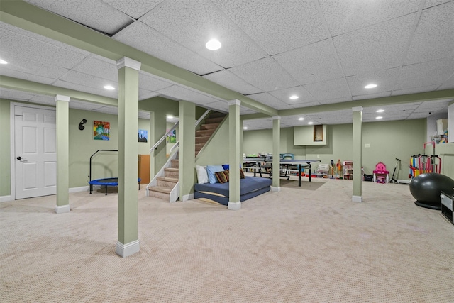 25 Bellwood Dr, New City, NY 10956 - finished basement featuring carpet, a paneled ceiling, stairway, and recessed lighting