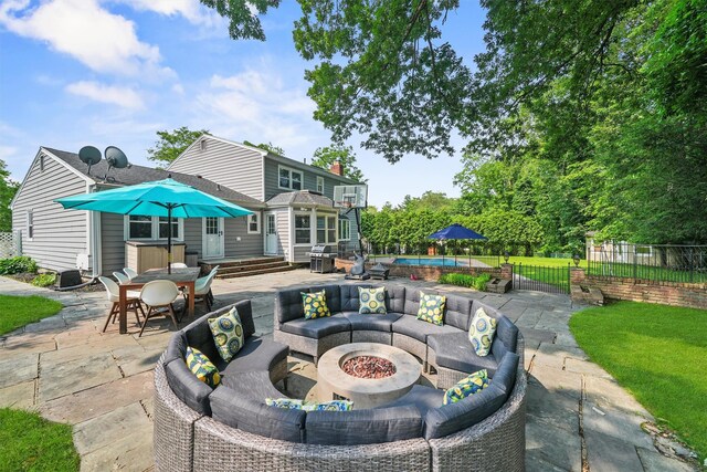 25 Bellwood Dr, New City, NY 10956 - view of patio / terrace featuring an outdoor living space with a fire pit, area for grilling, and outdoor dining area
