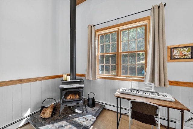 62 Guymard Tpke, Godeffroy, NY 12729 - detailed view of a wood stove, a baseboard radiator, and wood walls