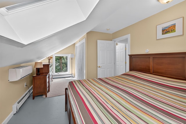 62 Guymard Tpke, Godeffroy, NY 12729 - bedroom with baseboard heating, a baseboard radiator, finished concrete flooring, an AC wall unit, and lofted ceiling