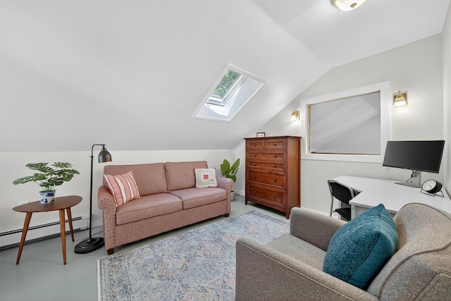 62 Guymard Tpke, Godeffroy, NY 12729 - living room featuring a skylight, vaulted ceiling, finished concrete flooring, and a baseboard radiator