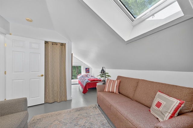 62 Guymard Tpke, Godeffroy, NY 12729 - living room featuring vaulted ceiling, concrete floors, and a skylight