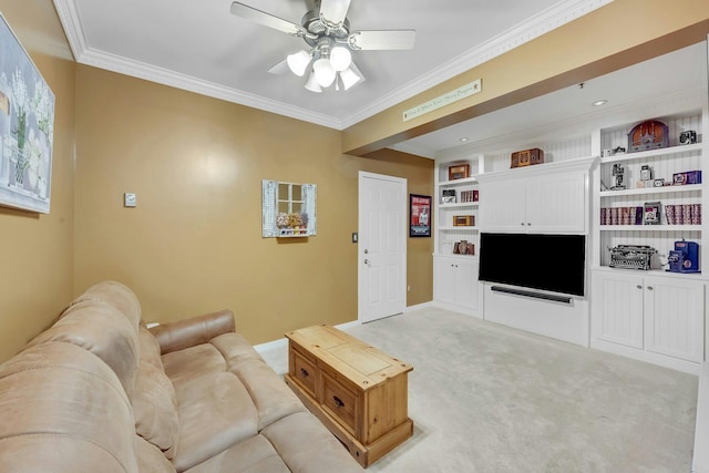76 Boulder Ridge Rd, Scarsdale, NY 10583 - living area with ornamental molding, a ceiling fan, light colored carpet, and built in features