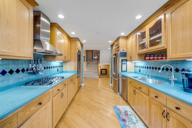 76 Boulder Ridge Rd, Scarsdale, NY 10583 - kitchen with wall chimney range hood, stainless steel appliances, light brown cabinets, glass insert cabinets, and recessed lighting