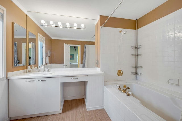 76 Boulder Ridge Rd, Scarsdale, NY 10583 - bathroom with vanity, tiled shower / bath, wood finished floors, and crown molding