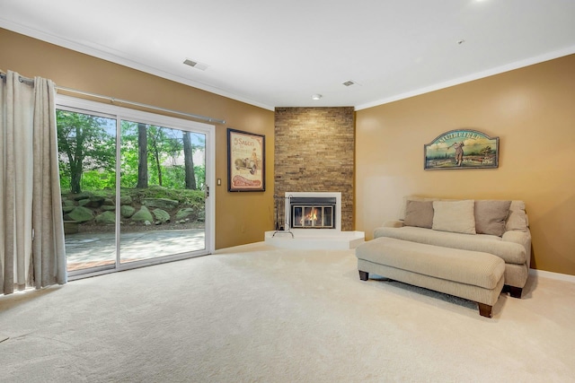 76 Boulder Ridge Rd, Scarsdale, NY 10583 - living area with carpet, ornamental molding, and a fireplace