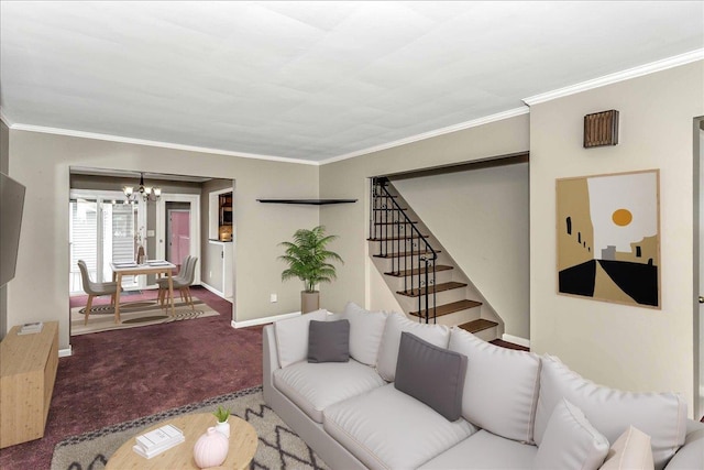 165 Wheeler Ave, Valley Stream, NY 11580 - carpeted living room featuring a chandelier, stairs, and ornamental molding